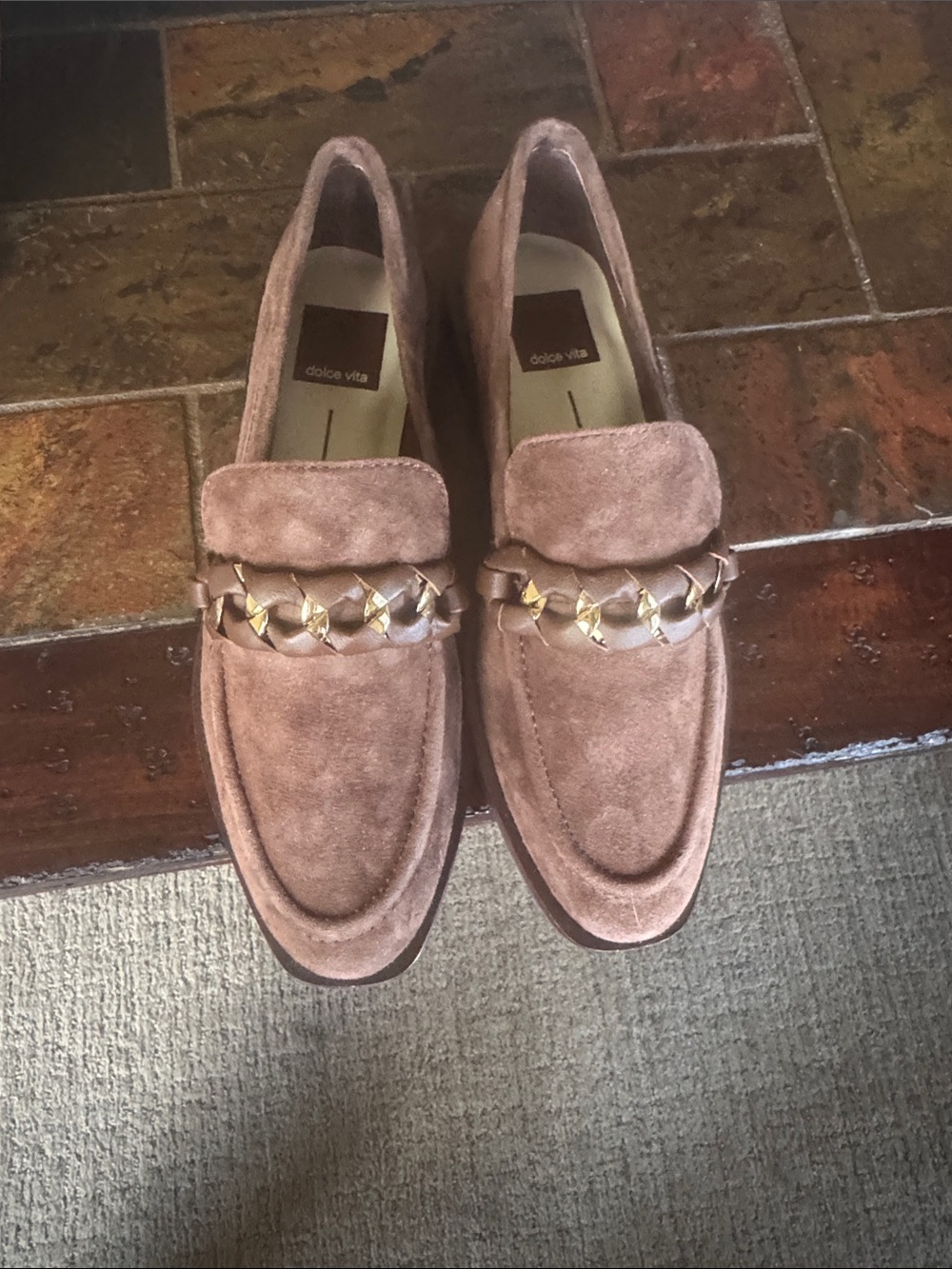 Dolce Vita Taupe Suede Loafers with Gold Chain